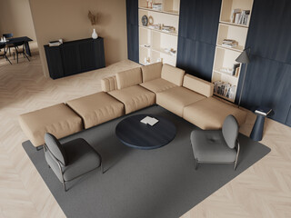 Fototapeta premium Top view of home living room interior with couch and eating table, shelf