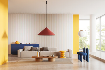Luxury hotel living room interior with sofa and sideboard, panoramic window