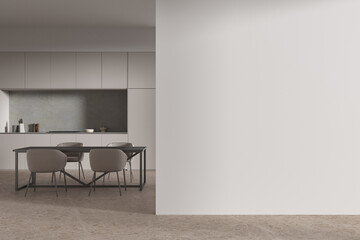 Modern home kitchen interior with dining table and cabinet, mock up wall