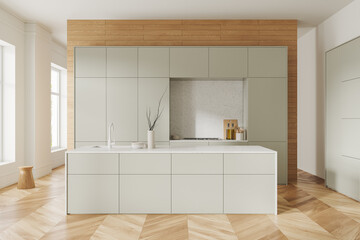 Modern home kitchen interior with bar island and cabinet with kitchenware