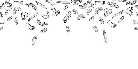 Hand drawn vector ink illustration. Types of pasta Italian cuisine, elbows penne rigatoni cavatappi spirals. Seamless banner isolated on white. Restaurant, menu, food shop and package, flyer, print.