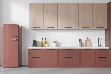 White and pink kitchen interior with cabinets