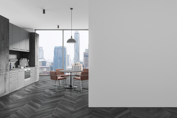 Modern office interior with kitchen shelves and dining table. Mockup wall