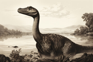 Loch Ness monster, engraved style art. Generative AI image. - obrazy, fototapety, plakaty
