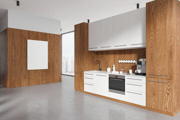 Modern kitchen interior with cabinet and shelves near window. Mockup frame
