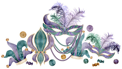 Fototapeta na wymiar Hand drawn watercolor Mardi Gras carnival symbols. Theater masquerade mask feathers, Jester fool hat, fleur de lis beads. Composition isolated on white background. Design party invitation, print, shop