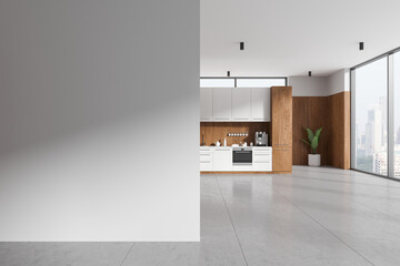 Kitchen interior with cooking cabinet and kitchenware, window. Mockup wall