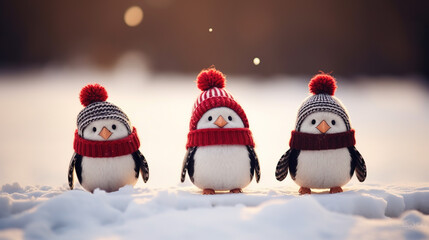 Three toy penguins in knitted hats and scarves stand on the snow close-up. Winter concept