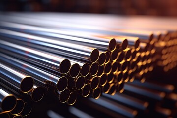 Metal steel pipes cobalt nickel aluminum gray metallic tube stack production line industry pipeline construction site factory stainless iron round pipeline shiny plumbing manufacturing heavy industry - obrazy, fototapety, plakaty