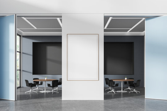 Modern office meeting room interior with desk and seats, mock up frame