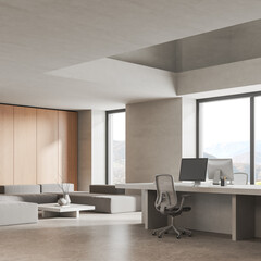Corner view of office room interior with coworking and chill zone, window