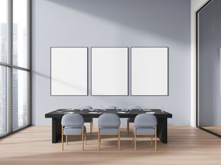 Modern office meeting room interior with desk and seats, mock up frames