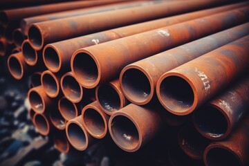 Metal copper pipes rusty dirty brown metallic tube stack production line industry pipeline construction site factory stainless iron round pipeline shiny plumbing manufacturing heavy industry tubing