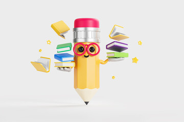 Cartoon pencil with books in hands on light background, education concept