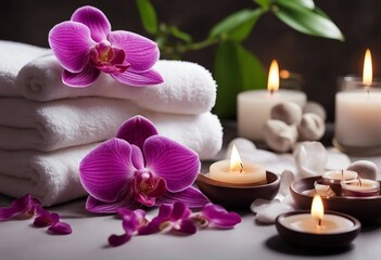 Obraz na płótnie Canvas Aromatherapy spa beauty treatment and wellness background with massage stone orchid flowers towels