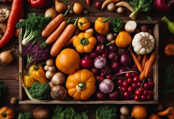 Autumn farm vegetables and root crops on wooden box top view Healthy and organic food