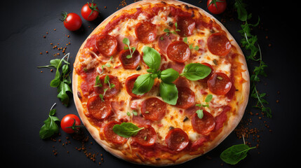 Traditional italian pizza  with cheese and tomato sauce on dark background