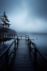 Wooden dock extending into foggy lake with single tree on shore