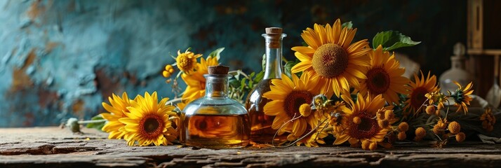 Fresh Sunflower Oil Bottle Flower Frame, Banner Image For Website, Background, Desktop Wallpaper - obrazy, fototapety, plakaty