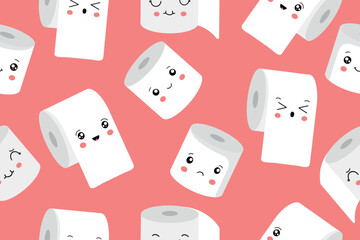 Seamless pattern with cute kawaii cartoon toilet paper rolls with faces. Vector illustration. Vector illustration