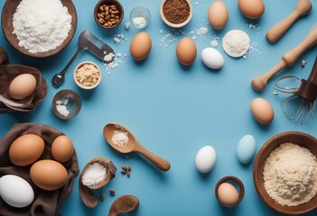 Baking background with rolling pin whisk eggs flour on blue table top view Flat lay