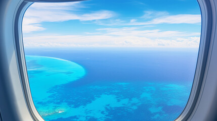 Skyline Serenity: Maldives Islands Unveiled in the Calm Blue Seas from Airplane Window