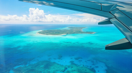 Aerial Tranquility: Top View of Blue Seas and Maldives Islands from an Airplane Window