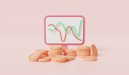 Stocks market growth graphs and money on pc. Financial success, business money, financial investment, trading chart, economic growth. Chart for financial investment concept. 3d render illustration