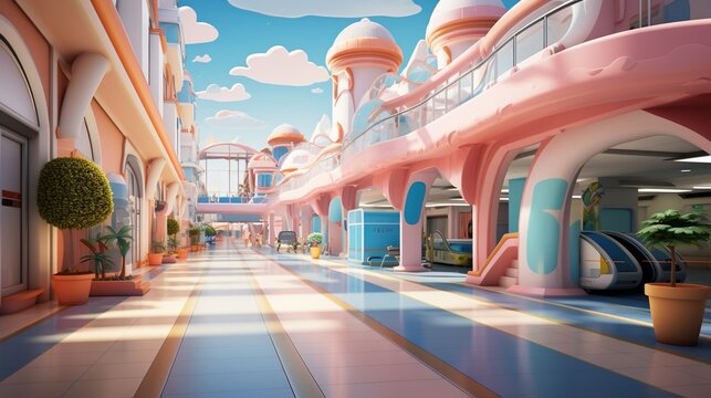 A colorful and futuristic city street with pink and blue buildings and a blue sky