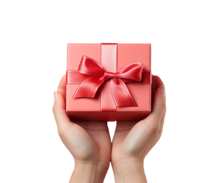 Gift box with hands on transparent background for decoration card. Birthday, valentine, christmas, new year, father mother day. Copy space, top view