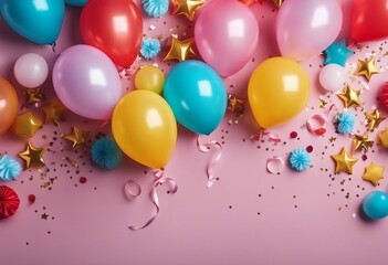 Birthday party background with colorful balloon gift confetti cap star candy and streamer Flat lay