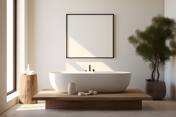 Tranquil modern classic minimalist bathroom with a soaking tub, natural textures, and a clean, uncluttered design