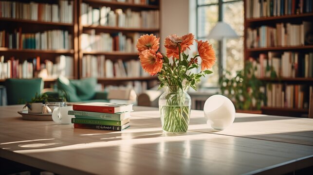 Still life with flowers and books
