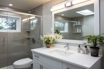 Fototapeta na wymiar A modern bathroom with a large glass shower and a white vanity