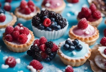 Blue table decorated of sugar powder with variety berry tartlets or cake top view Tasty pastry dessert - obrazy, fototapety, plakaty