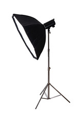 Softbox with flash on tripod stand isolated on white background.