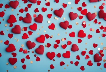 Box full of red hearts and confetti on blue table top view Valentines day background Flat lay style