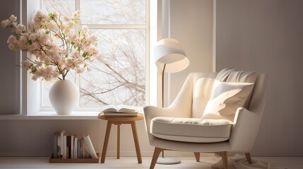 Tranquil reading nook with a comfortable armchair, a side table, and soft, diffused natural light