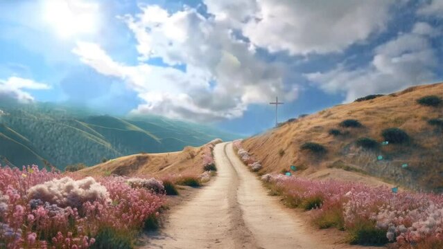 Happy Easter, the road that leads across the hills to God. Symbols of Christian faith. seamless looping time-lapse virtual 4k video animation background.