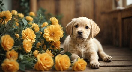 Cute labrador puppy with yellow flowers on wood background