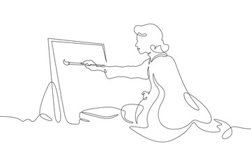 A woman artist paints. A girl paints a picture with a brush on canvas. One continuous line drawing. Linear. Hand drawn, white background. One line