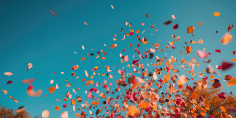 Colorful confetti fly in the blue sky. Festive background, copy space