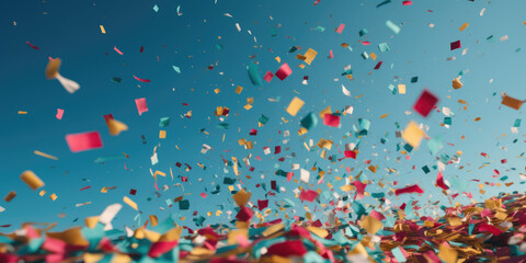 Colorful confetti fly in the blue sky. Abstract Festive background