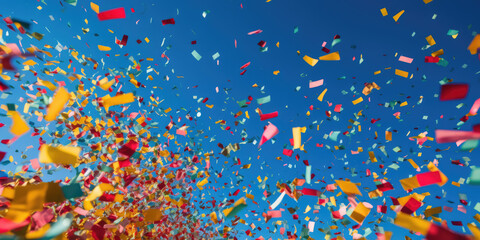 Fototapeta na wymiar Colorful confetti flying in the blue sky. Abstract Festive and Holiday Background