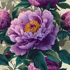 classic luxury purple peonies flower illustration seamless pattern - obrazy, fototapety, plakaty