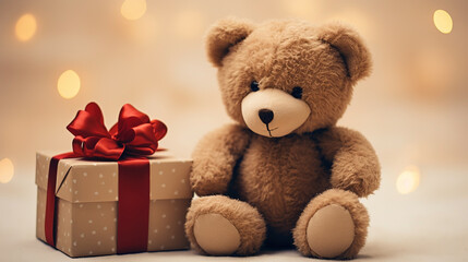 Christmas decor, teddy-bear with a gift close-up on blurred background