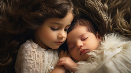 Young girl sister tenderly hugging her new born sister while lying on bed