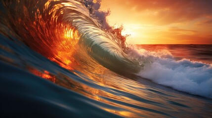 A wave breaking on the ocean at sunset. Generative AI. - Powered by Adobe
