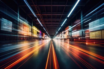 Abstract light trails of cars in a city at night. Generative AI.