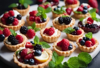 Delicious berry tartlets or cake with cream cheese decorated lemon peel and mint leaf from above - obrazy, fototapety, plakaty